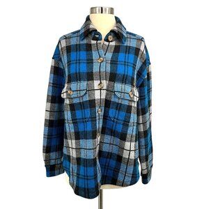 AMO Denim Wool Shacket Blue Plaid Size Small S Chore Jacket Long Sleeve